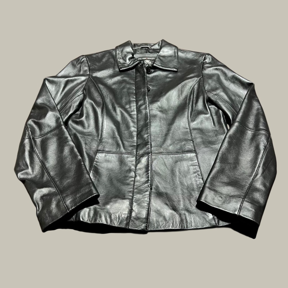 New York & Company Womens Black Genuine Leather Button Jacket Small RN23243